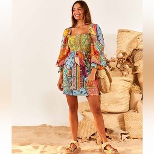 Farm Rio Summer Tapestry Smocked Minidress